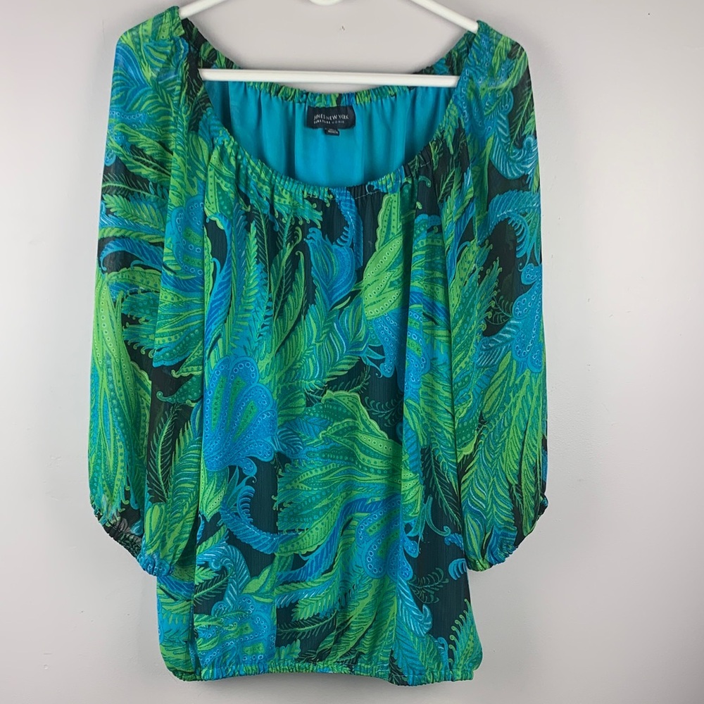 Jones New York Green and Blue Leaf Print Blouse 2x